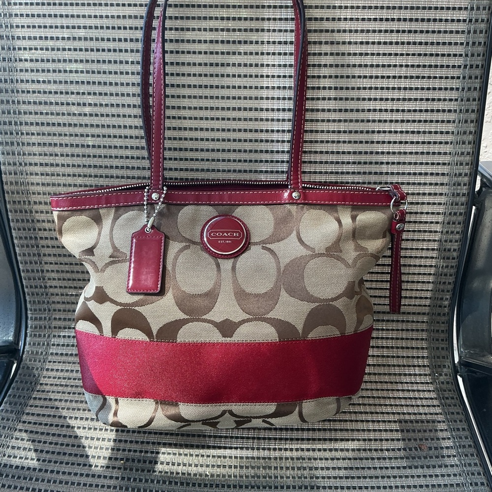 Coach Maroon and Tan Signature Tote